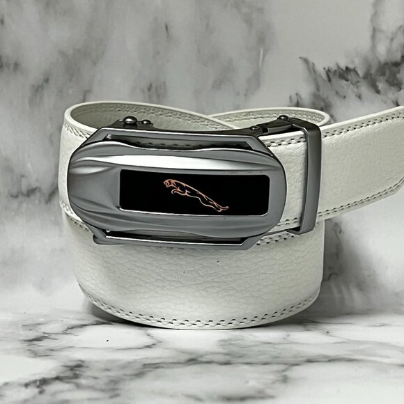 White Leather Ratchet Belt Automatic Metal Square Buckle‎ Adjustable Dress Jeans - Picture 1 of 2